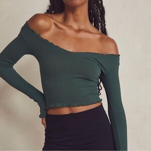 Free People Intimately Deep Green Scalloped Long Sleeve Top